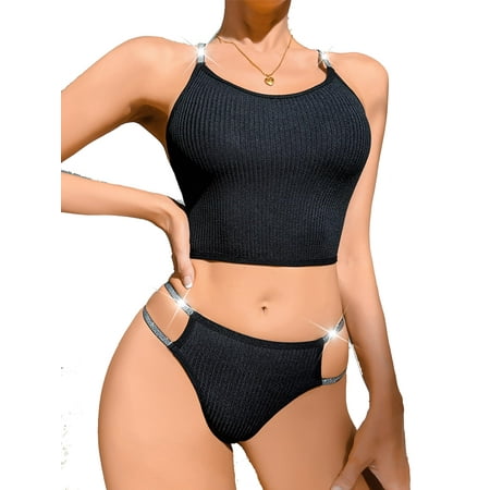 Lingerie for Women  Sports Bras for Women  Seamless Sports Bra and Panty Set for Women Low Impact Sexy Underwear Racerback Lingerie Comfortable Yoga Bralette  Black(L)