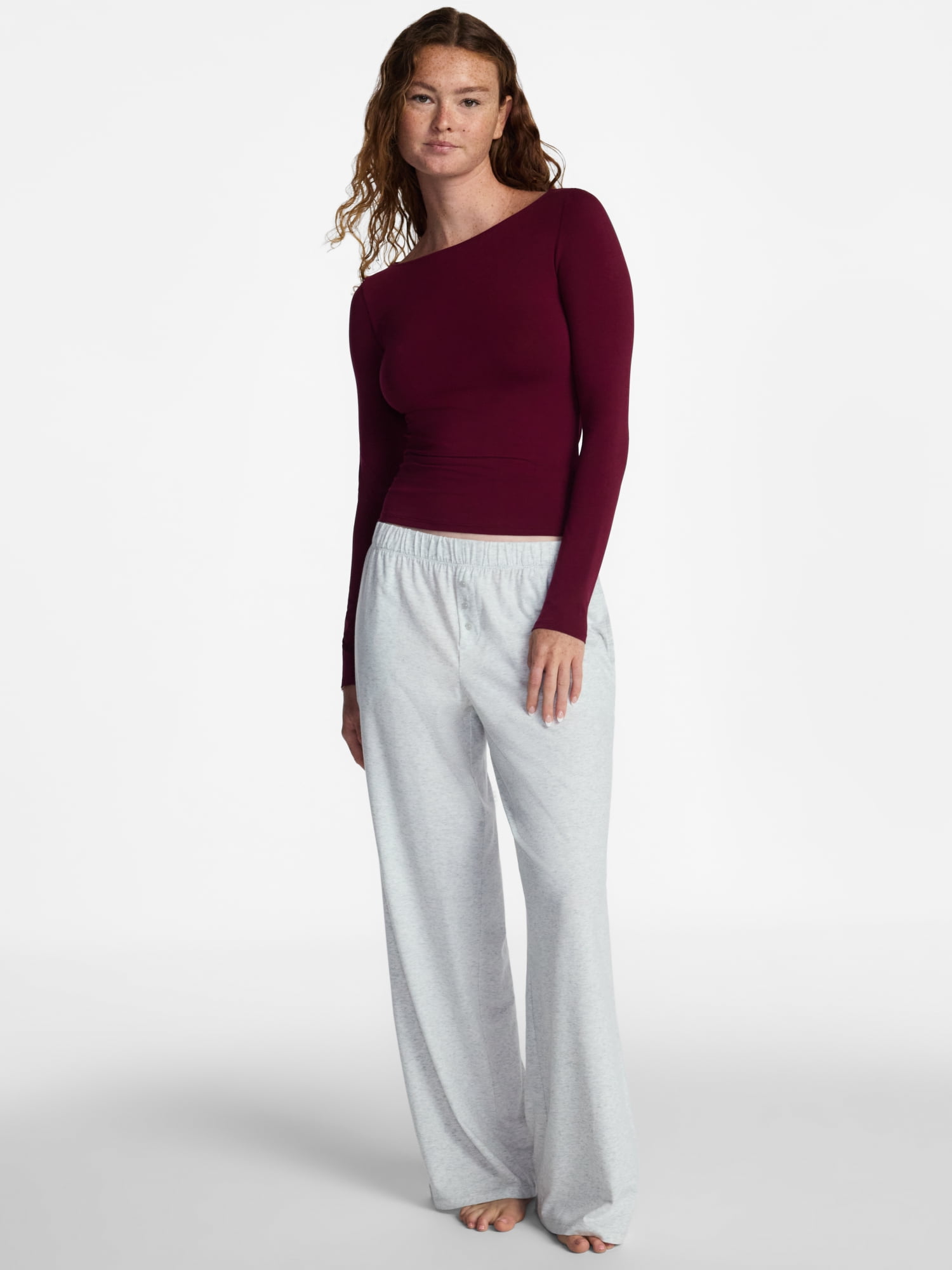 No Boundaries Cotton Stretch Jersey Boat Neck Shirt with Long Sleeves, Women's XS-XXXL