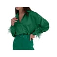 thumbnail image 1 of SAYOO Blusa de mujer  con adorno de plumas, manga larga, diseño de solapa, cierre de botones, camisa informal holgada SAYOO  S M L, 1 of 7