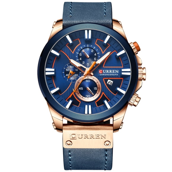 CURREN CURREN 8346 Elegant Men's Quartz Watch with Large Dial, 3ATM Water Resistance, Chronograph, Date Display, and Blue Leather Strap
