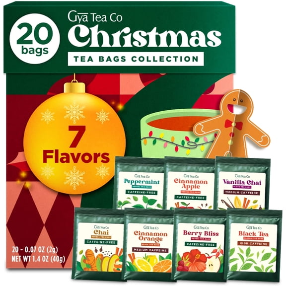 Gya Tea Co Christmas Assorted Tea Bags Variety Pack - 20 Bags - 7 Seasonal Flavors Caffeinated & Caffeine Free Holiday Tea Sampler Gift Set Box - Easy Brew, Natural Ingredients, Enjoy Hot or Iced