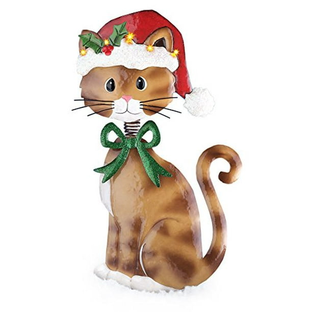 Christmas Bobble Head Cats Garden Stakes Green Bow Tie