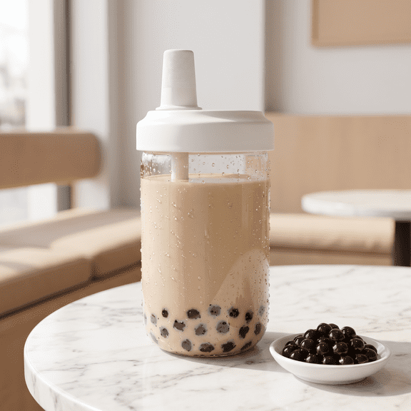 Reusable Boba Cup with Lid and Straw – 17oz Leakproof Insulated Bubble Tea Cup, Smoothie Tumbler with Reusable Wide Straw for Boba Pearls, Kawaii Travel Mug