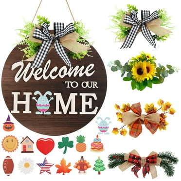 Front Door Welcome Sign, Round Wood Porch Decor with 4 Seasonal Wreaths and 14 Changeable Icons