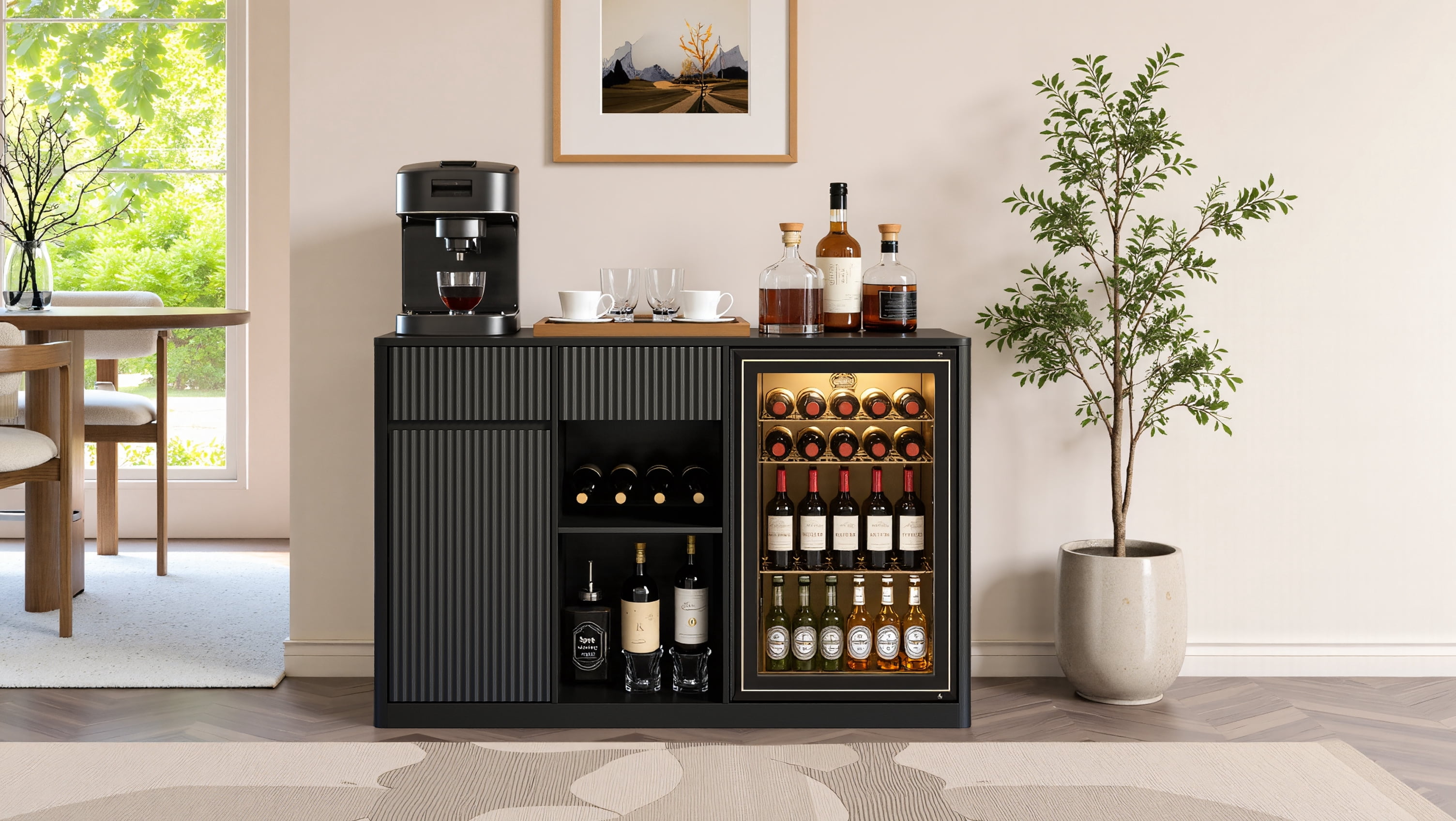 56.69 in Modern Fluted Bar Cabinet with Fridge Compartment, Adjustable Shelves & Built-in Power Outlets, Black