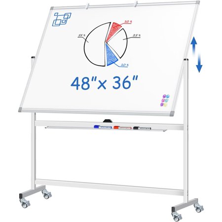 48x36 in Double-Sided Mobile Whiteboard, maxtek Reversible Magnetic Dry Erase Board Easel Standing Whiteboard on Wheels School Supplies for Classroom Office and Home, Silver