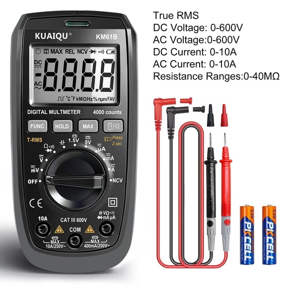 Kuaiqu KM61B Digital Multimeter True RMS 10A DC/AC Current 600V DC/AC Voltage NCV Continuity Diode  Backlit Flashlight Audible/Visual Alarm Auto Power-off Meter Electrical