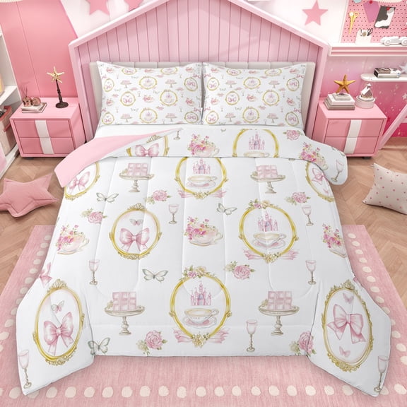 Homewish Cute Bow Tie Bedding Comforter Set,Luxury Castle Twin Comforter Sets,Sweet Dessert Bedding Set For Girl Kids,Microfiber Bedroom Decor Reversible,2pcs