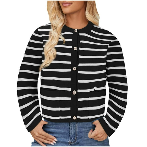 ZQUUVOU Women's Striped Cardigan Sweaters Crewneck Button Down Long Sleeve Casual Cropped Knit Lady Tops Black