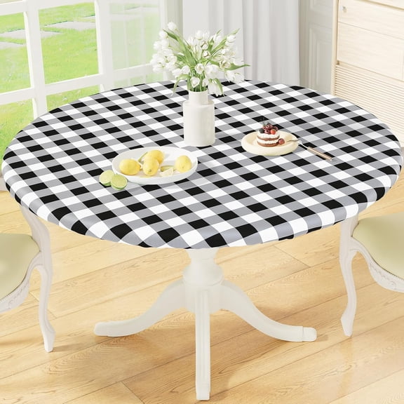 misaya Round Fitted Tablecloth with Elastic Edge, Buffalo Plaid Waterproof Vinyl Flannel Backed Table Cloth Cover Fits 52" (Round) Tables for Dinner, Outdoor, Picnic, Black White Check