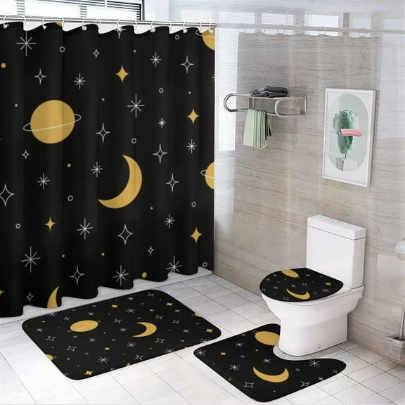 Moon And Star Print 4Pcs Shower Curtain Set Shower Curtain Set with Carpet Bath Mat