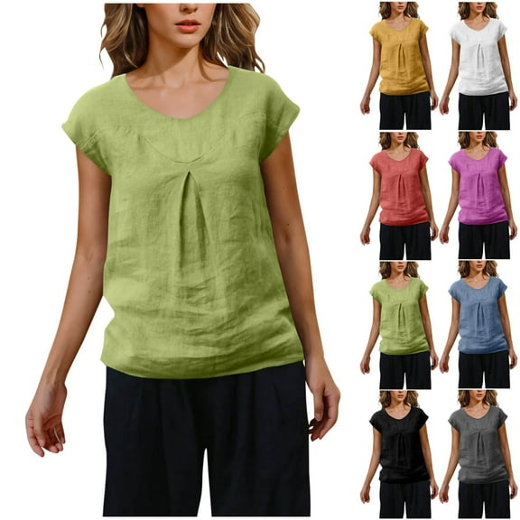 WRKEKC Summer Tops for Women, Summer T-Shirts for Women, Women's Solid Color 1/4 Sleeve Short Sleeve Linen Loose T-shirt Tops