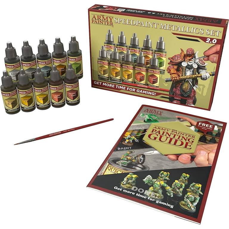 The Army Painter Speedpaint Metallics Set 2.0+ - 10 Speed Model Paint Kit -  Pre-Loaded with Mixing Balls, 1 Basecoating Model Paint Brush, Army
