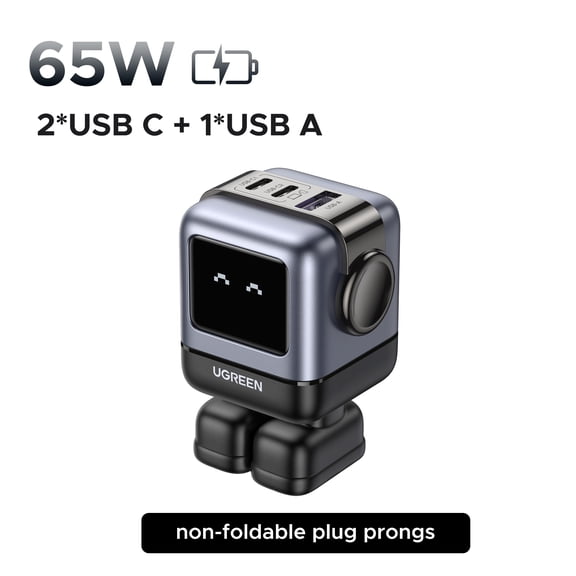 UGREEN Uno 65W USB C Charger, 3-Port Robot GaN Fast Charger, Black