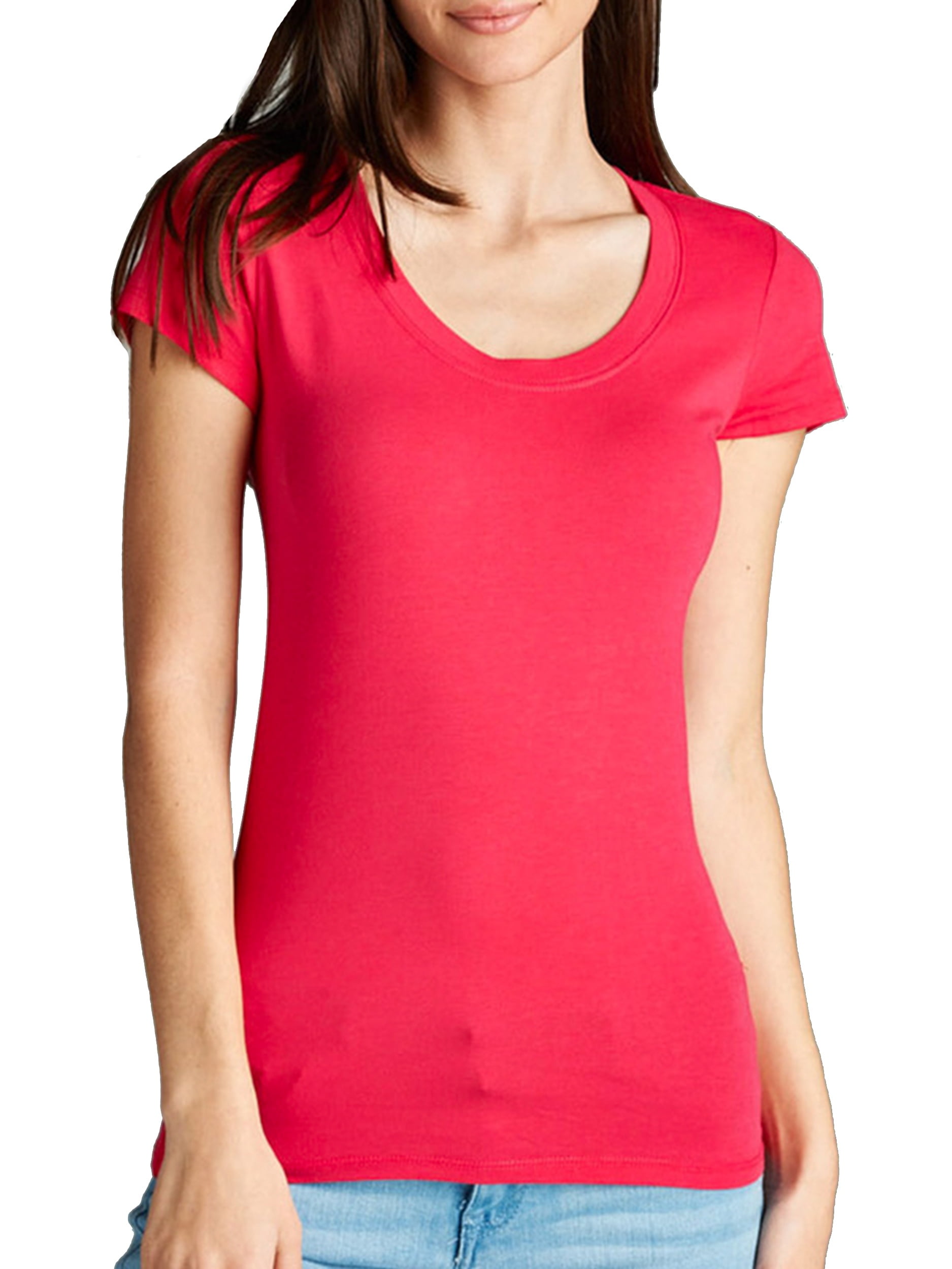 SNJ - Women's Solid Cotton Top Tee Basic Scoop Neck Short Sleeve Color ...