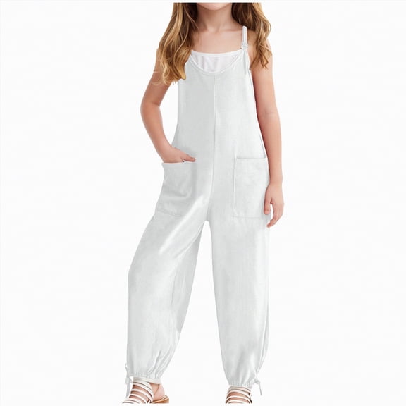 NIEWTR Teen Girls Summer Jumpsuits Spaghetti Strap Loose Solid Romper Kids Casual Sleeveless Overalls with Pockets(A02-White,11-12 Years)