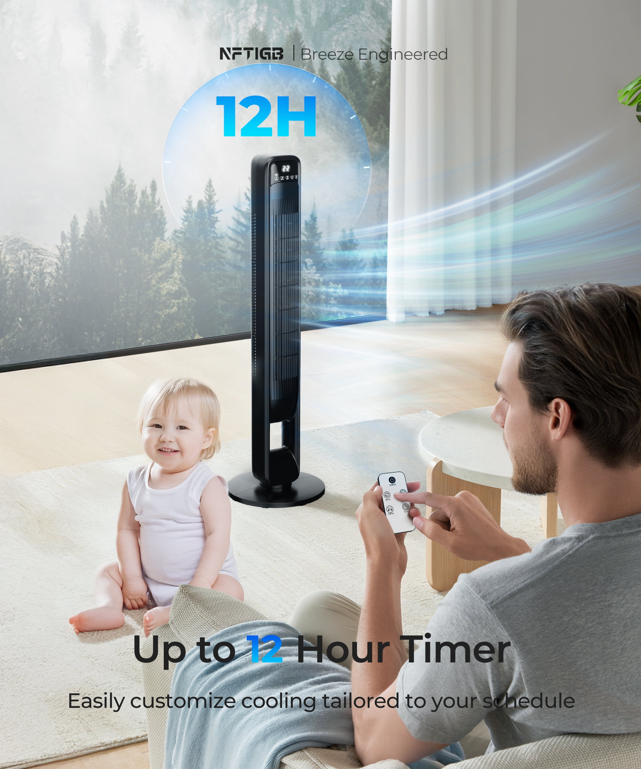 NFTIGB 39 inch Tower Fan for Large Room, Oscillating Bladeless Standing Floor Fan Home, 3 Speeds 3 Modes with Remote,New