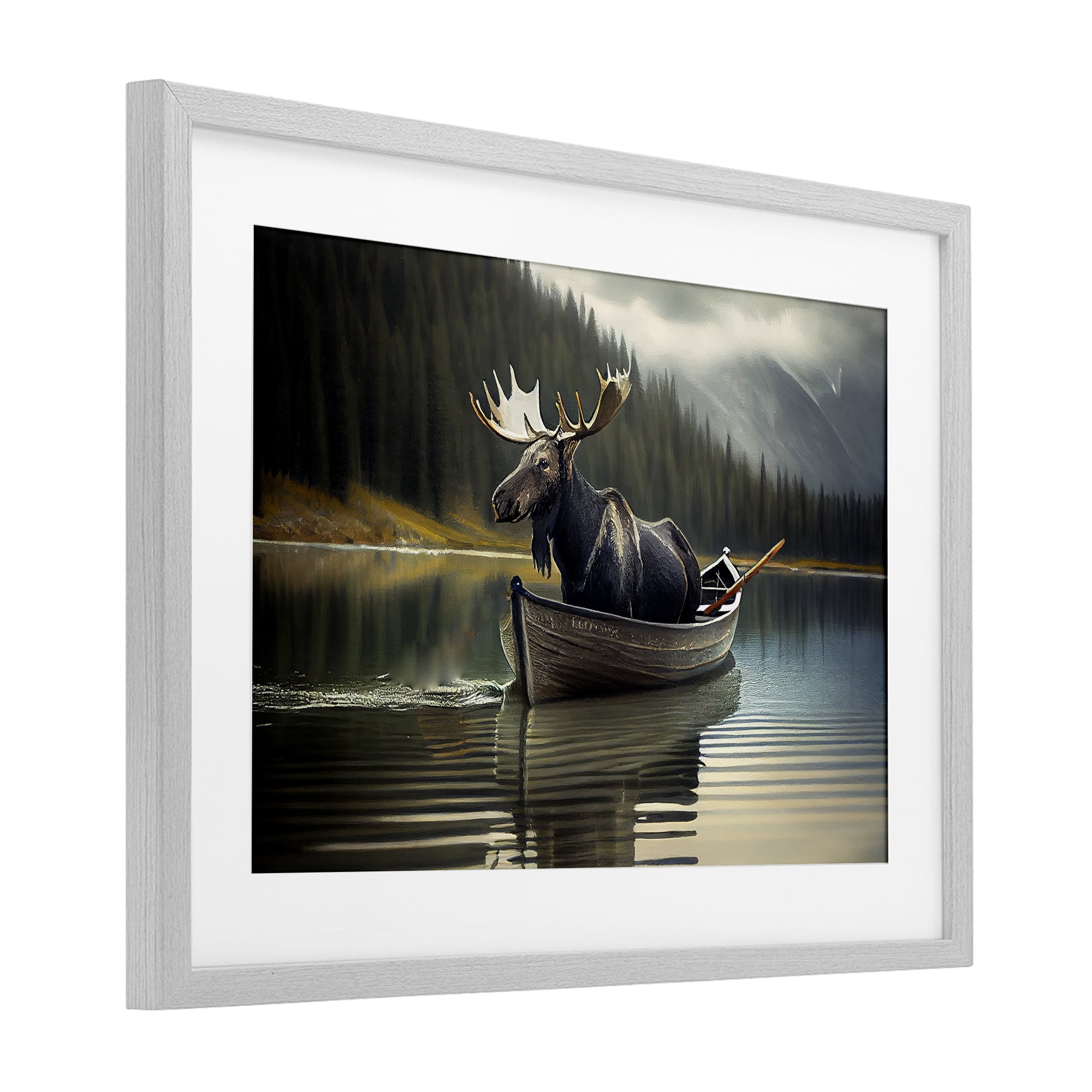 Moose in Canoe Tranquility Gray Framed Print Under Glass, design by Sasha