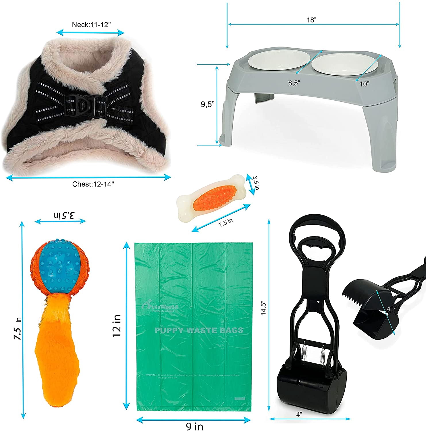 PETSWORLD Pet Starter Kit, Warm Black Harness for X-Small Dogs, Pet Bowl, Dog Ball Toy, Bacon Toy, Pooper Scooper + Dog Waste Bags