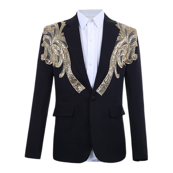 IWRICH Men's Stylish Dinner Tux Dress Blazer Slim Fit Gold Sequin Suit Jacket Sport Coat Black XL