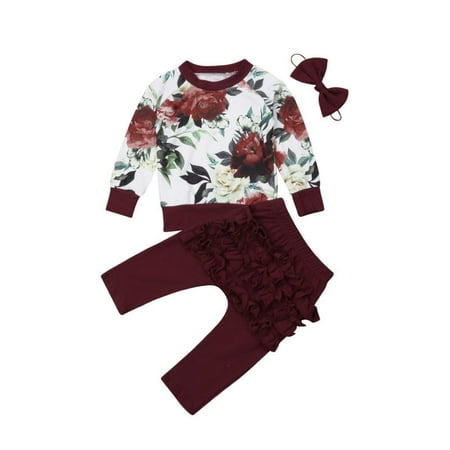 Newborn Baby Girls Winter Outfits Clothes Flower Tops+Ruffle Pants 3Pcs Set