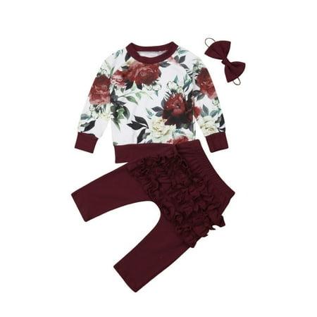 Newborn Baby Girls Winter Outfits Clothes Flower Tops+Ruffle Pants 3Pcs (Best Winter Clothes For Toddlers)