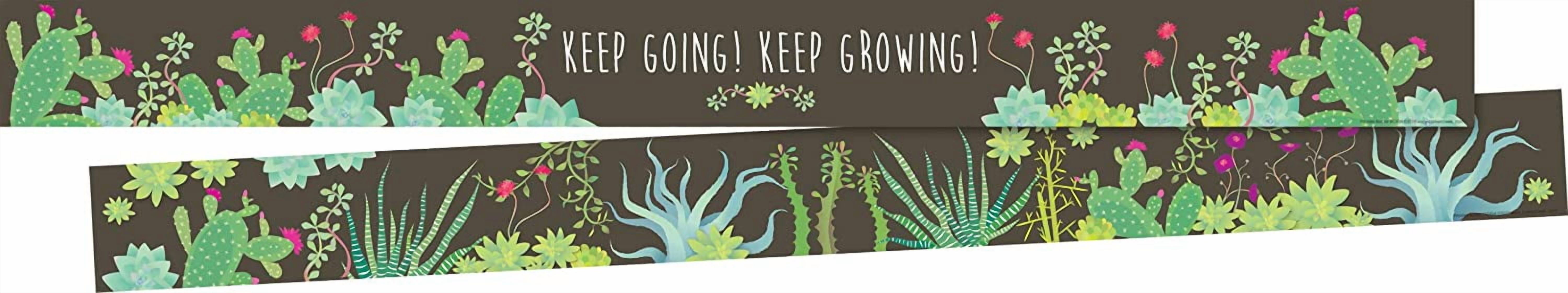 Barker Creek Double-Sided Border 4-Pack, Prickles, 140' of Double-Sided Border, Colorful Succulents on a Chocolate Background, Motivational Quote on One Side, 3" x 140' (4051)