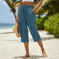 thumbnail image 4 of JFGHDG Women's Casual Linen Cropped Pants High Waisted Drawstring Elastic Waist Wide Leg Capri Pants with Pockets and Split Hem Blue 4XL, 4 of 7
