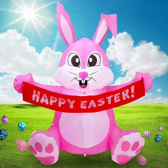 5 FT Easter Inflatable Bunny Outdoor Decorations,Cute Pink Rabbit Eggs Blow Up Yard Decorations with Built-in LEDs, Happy Easter Decor for Lawn Garden Holiday Party