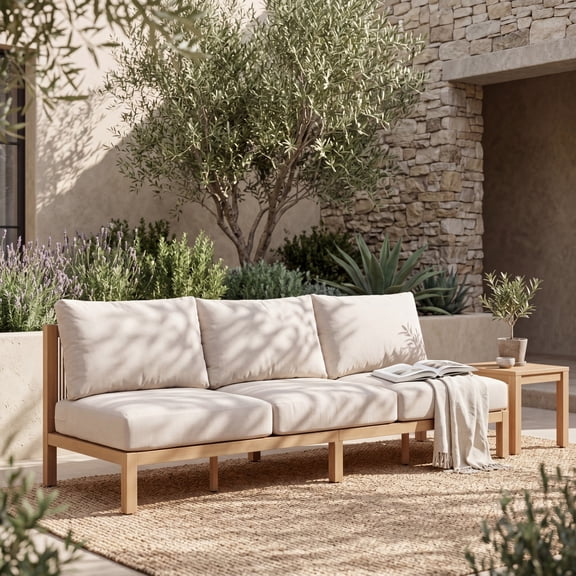 73-Inch Outdoor Acacia Wood 3-Seater Sofa with Rope-Braided Backrest and Beige Cushion, Patio Furniture for Garden, Light Teak