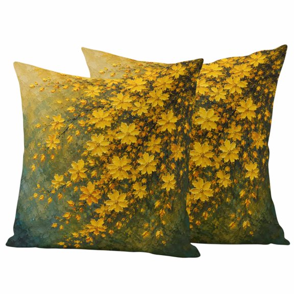 Yellow Botanical Outdoor Waterproof Pillow Covers, Wildflowers Vintage Floral Fallen Leaves Decorative Square Throw Pillowcase Sofa Cushion Sham for Patio/Couch/Chair, 20"x20" 2 Pack