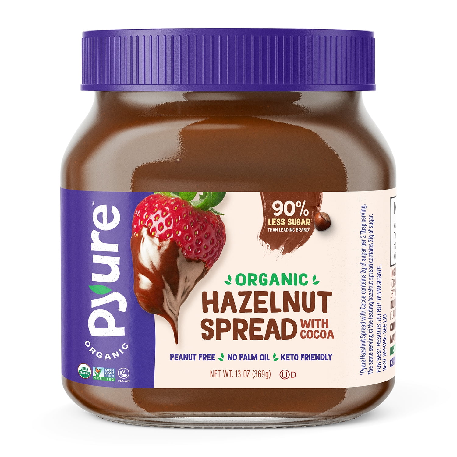 Pyure Organic Hazelnut Spread with Cocoa, Keto, No Palm Oil, Vegan, Peanut Free, GlutenFree, 90