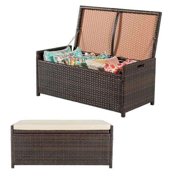 Tappio Multifunctional Outdoor Deck Box, All-Weather PE Rattan Storage Bench Box with Cushions, Storage Box Deck Bin for for Pool Tools, Outdoor Equipments and Garden Tools, Beige