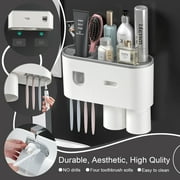 JUNLIN Toothbrush Holder for Bathroom, Toothpaste Holder and Dispenser,Wall Mounted Toothbrush Cup Holder with Brush Sink, Cup, Cosmetic Drawer and Storage Tray White
