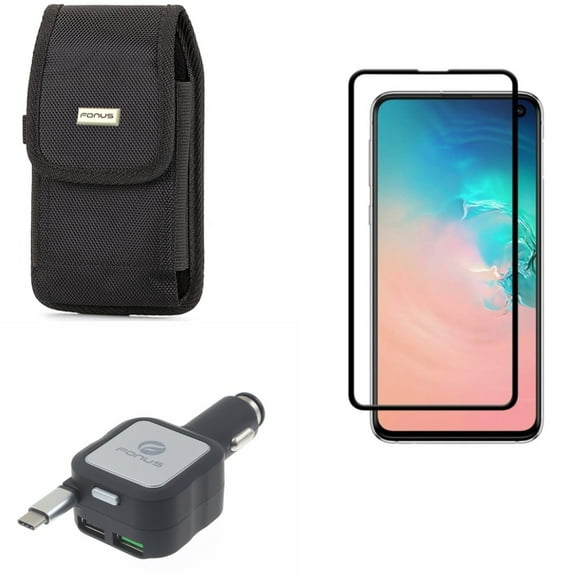 Galaxy S10e Case Belt Clip w Screen Protector w Car Charger - Swivel Holster Rugged, Tempered Glass 5D Curved Edge, Retractable 4.8Amp Type-C for Samsung Galaxy S10e Phone