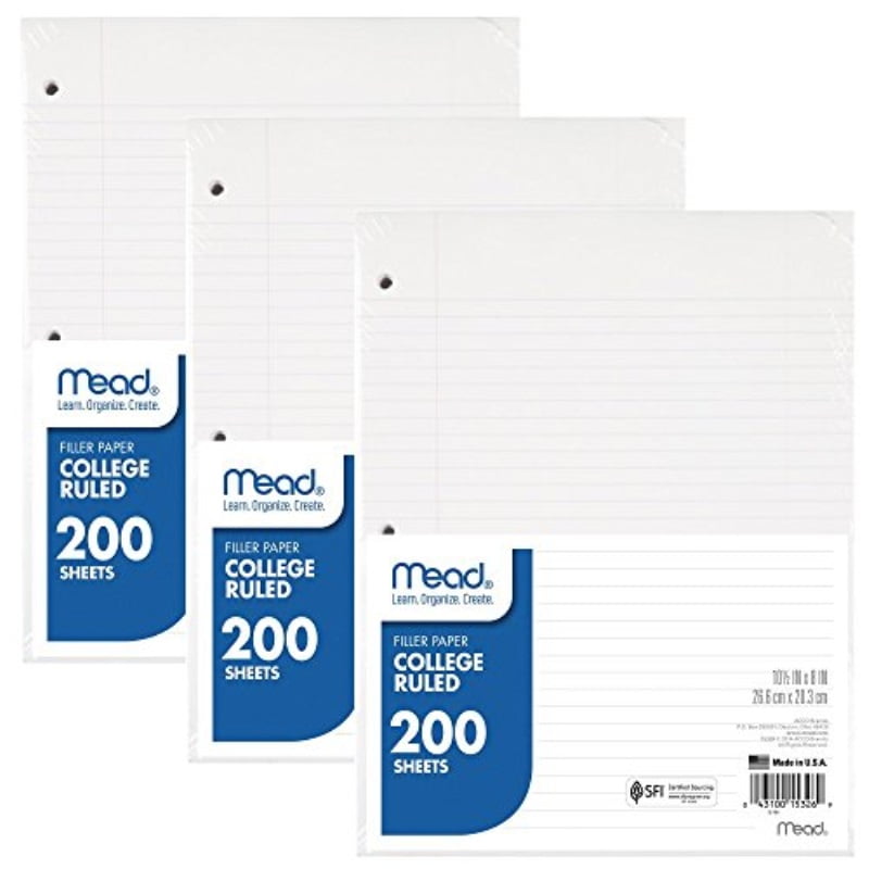mead loose leaf paper, filler paper, college ruled, 200 sheets, 101/2" x 8", 3 hole punched, 3