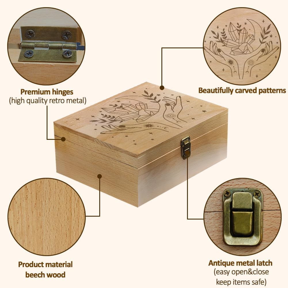 1 Pc Wooden Memory Keepsake Box Crystal and Witchy Hand Pattern Box with Hinged Lids Keepsake Chest for Souvenirs Picture Letter Storage 9.6x7.6x4inch(24.5x19.5x10.3cm)