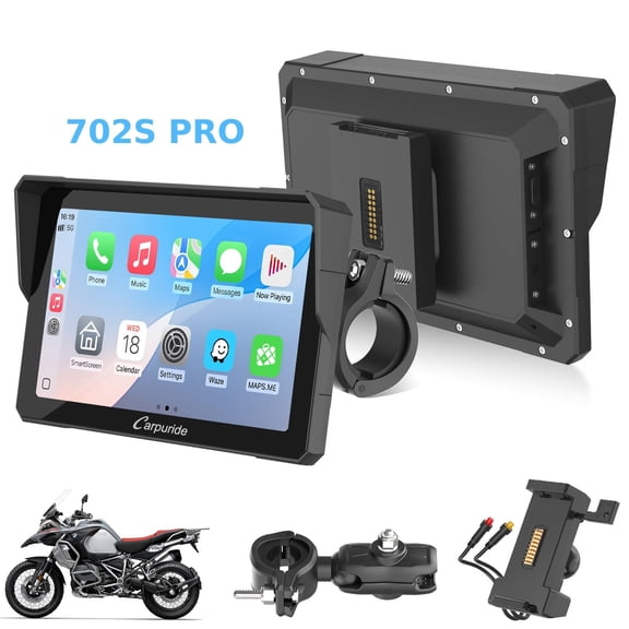 Carpuride Motorcycle Carplay Screen with BM05 Mount Wireless Android Auto, 7" Waterproof Touchscreen,, Dual Bluetooth, Wired Controller, Navi (W702S Pro)
