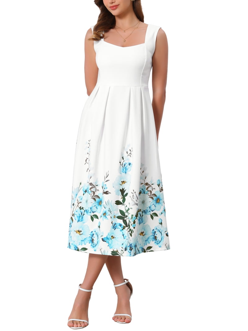 a line 50s dress INSPIRE CHIC Women's Vintage Cocktail Sleeveless Square Neck Midi Floral A-Line Dresses XL Beige Back Style Fernanda Home | Plaza Del COLOR:BLACK