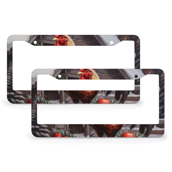 2 PCS Rooster Christmas License Plate Frame Rustic Cock Customized Decor Car Tag Aluminum 2 Holes Funny Cute for USA Canada Vehicles
