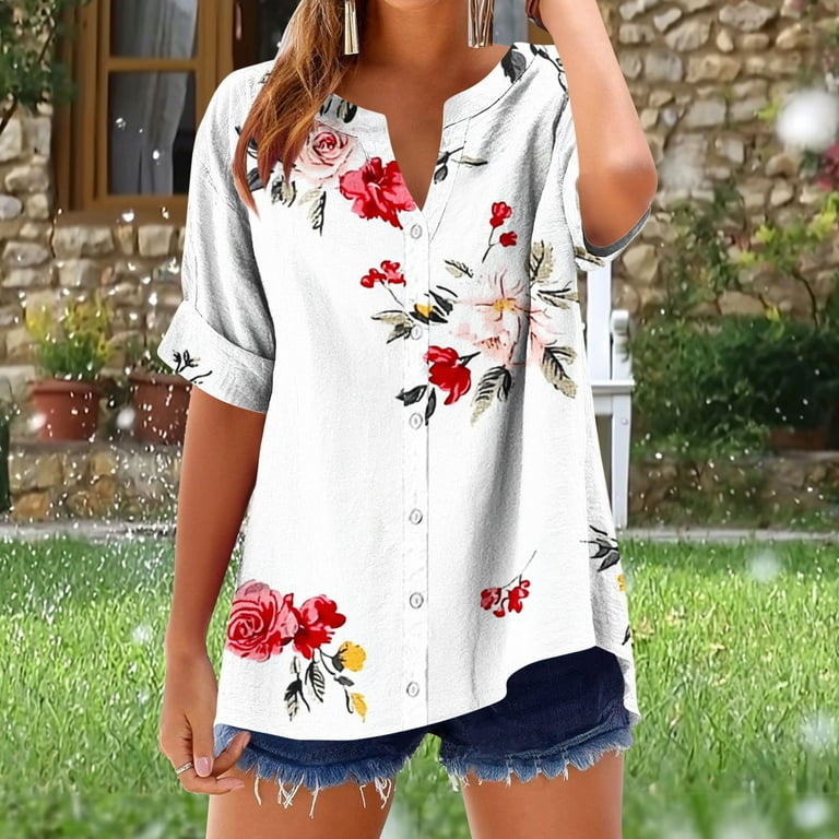 FOLUNSI Plus Size Women's Short Sleeve Henley Top - V-Neck Floral Tunic Blouse, Sizes M To 4XL