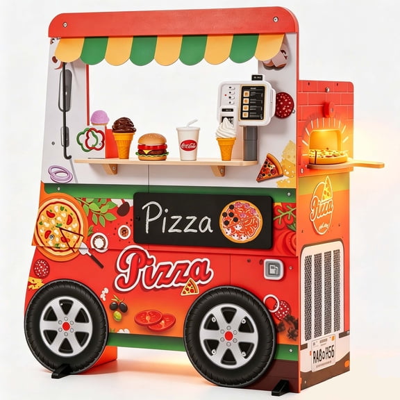 COCLUB Kids Pizza Playset Pretend Play Toys, Wooden Food Truck Toy with Light Sound Oven and Credit Card Machine, Ice Cream Cart, Play Kitchen for Boys Girl Birthday Gifts 3 