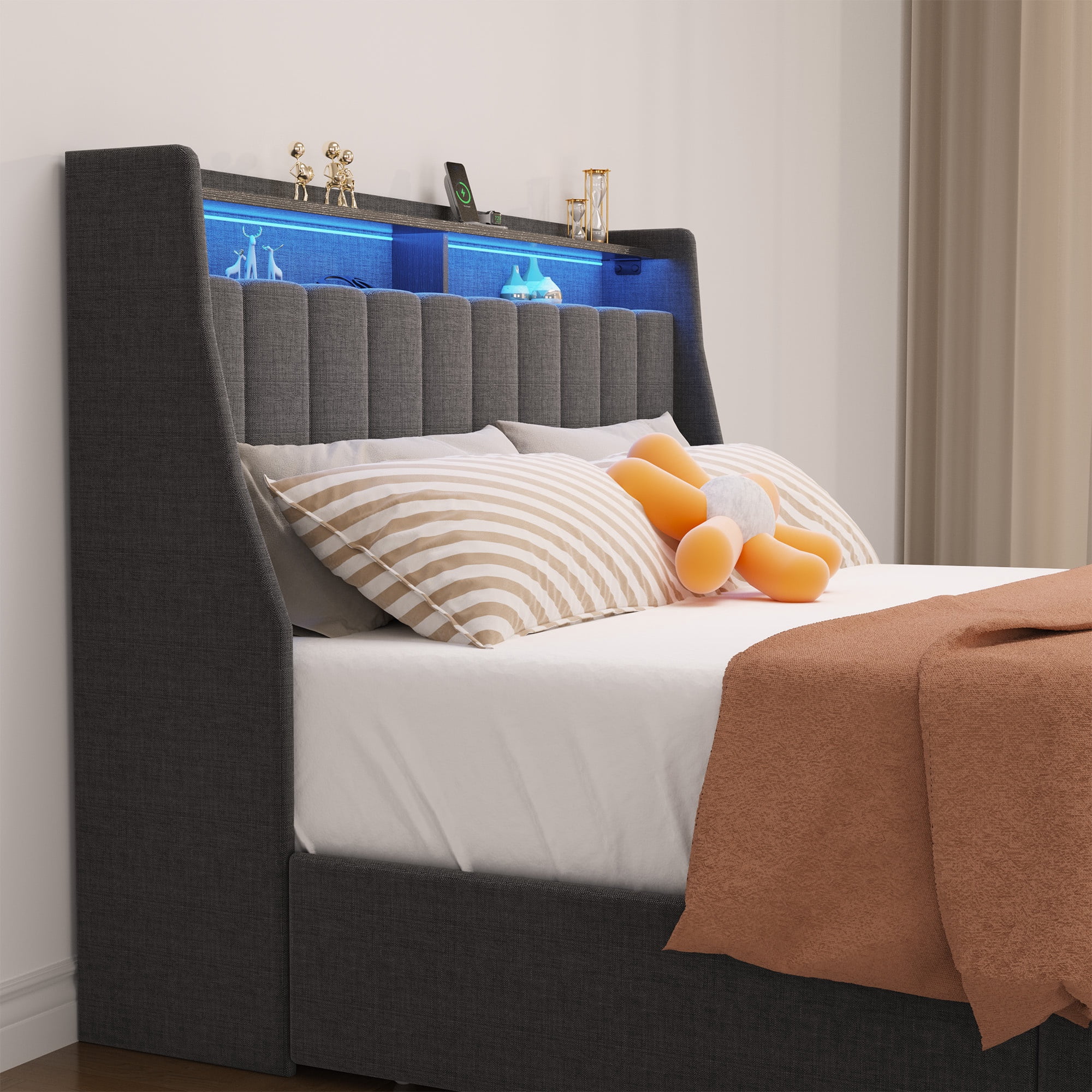 PAPROOS Queen Size LED Bed Frame with Drawers, Linen Upholstered Bed, Metal Platform Bed with Soft Cushioned Headboard for Adults Teens, Dark Grey