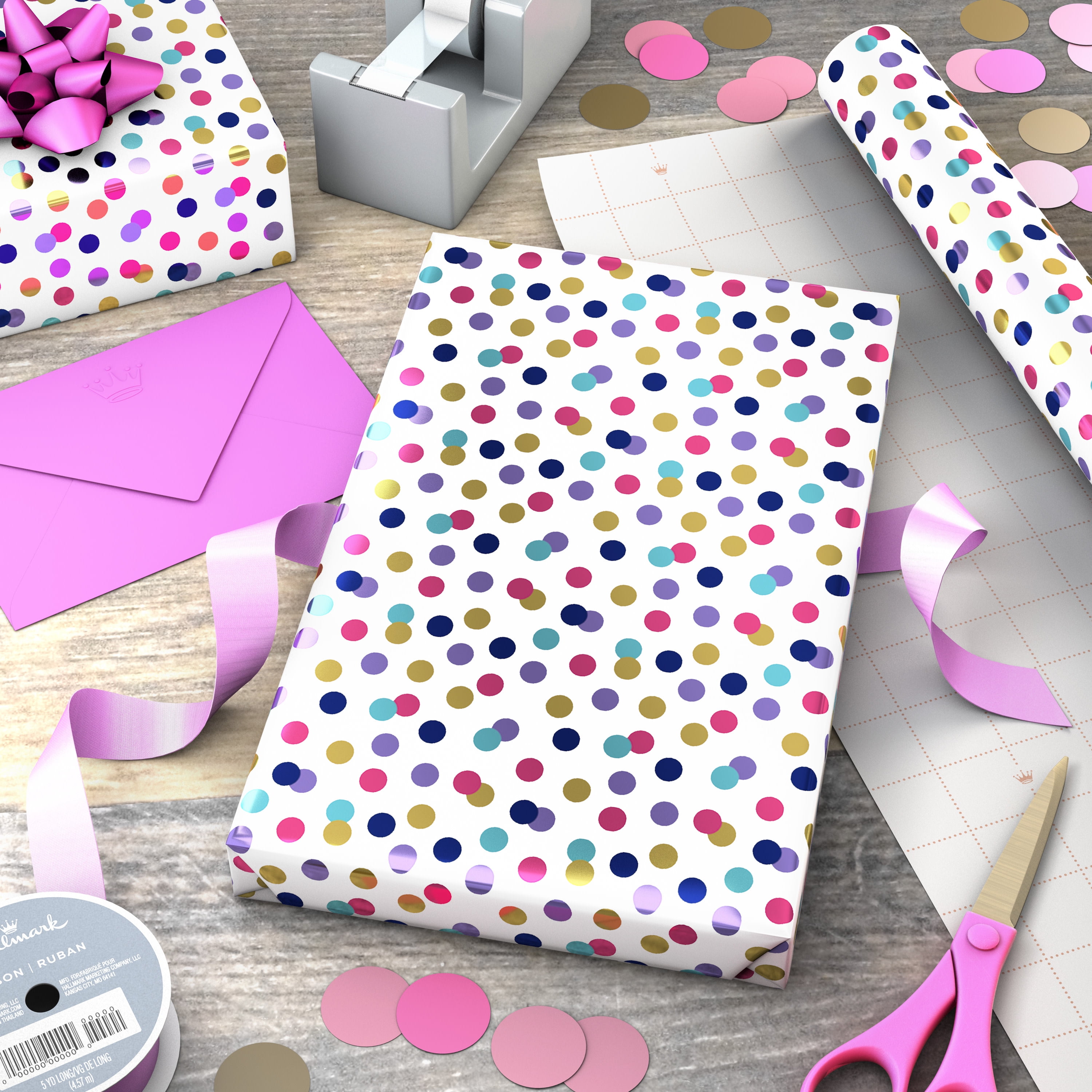 Hallmark Carta Da Regalo 3 Rotoli: 2mt Ciascuno Di Rosa A Pois, Giallo A Pois E Zig-Zag Blu - Perfetta Per Compleanni E Ogni Occasione