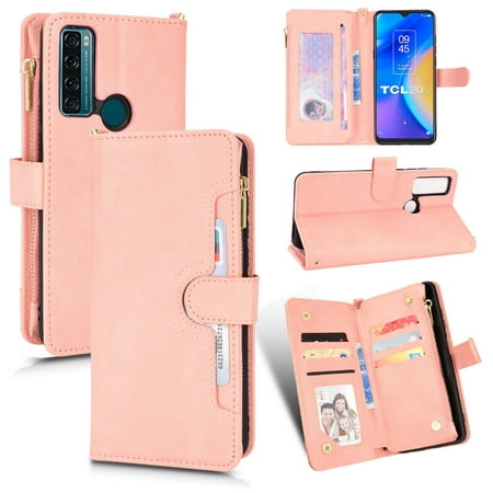 Case for TCL 20 SE Cover Zipper Magnetic Wallet Card Holder PU Leather Flip Case - Pink