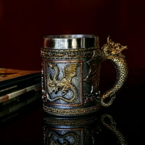 alikiki Medieval D&D Dragon Coffee Mug - 15.8oz Stainless Gold Roaring Dragon Beer Drink Mug for GOT Lovers Collector Ideal Novelty Gothic Father Day Gift Party Decoration