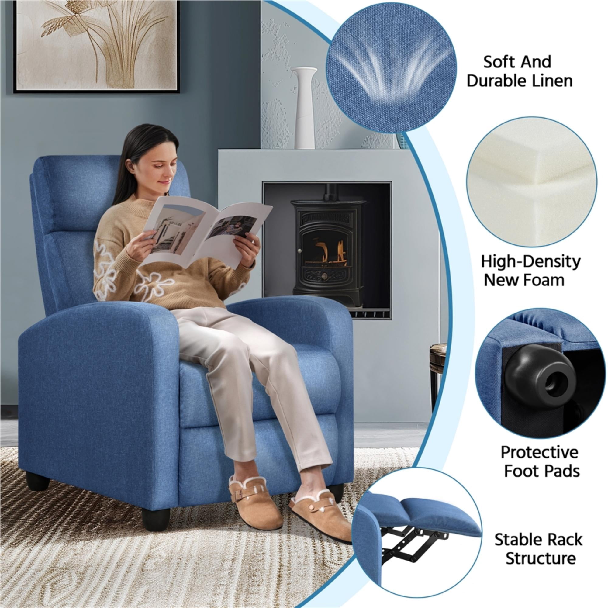Alden Design Modern Adjustable Fabric Recliner with Footrest, Set of 2, Blue