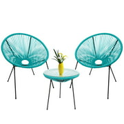 3-Piece Outdoor Acapulco Chair All-Weather Modern Patio Furniture Set w/ 2 Plastic Rope Chairs and Glass Top Table for Indoor and Outdoor (Blue)