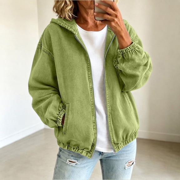 IUYRTFE Women's Hooded Zip Up Denim Jacket Long Sleeve Pocket Casual Solid Color Jean Coat