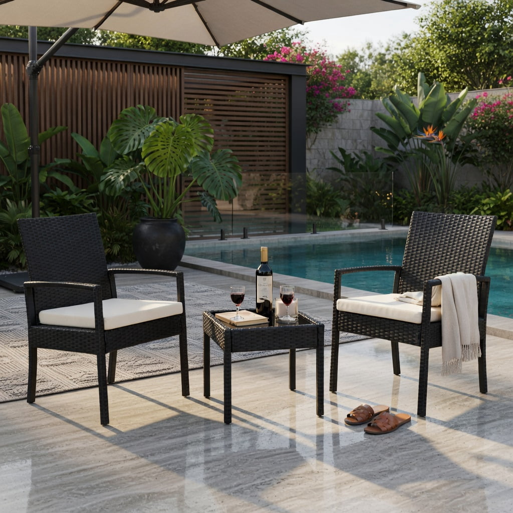 Hommoo 3-Piece Outdoor Rattan Patio Furniture Set, 2 Armchairs + Coffee Table with Cushions, Steel Frame, Weather-Resistant Wicker for Small Backyard, Garden & Balcony, Black